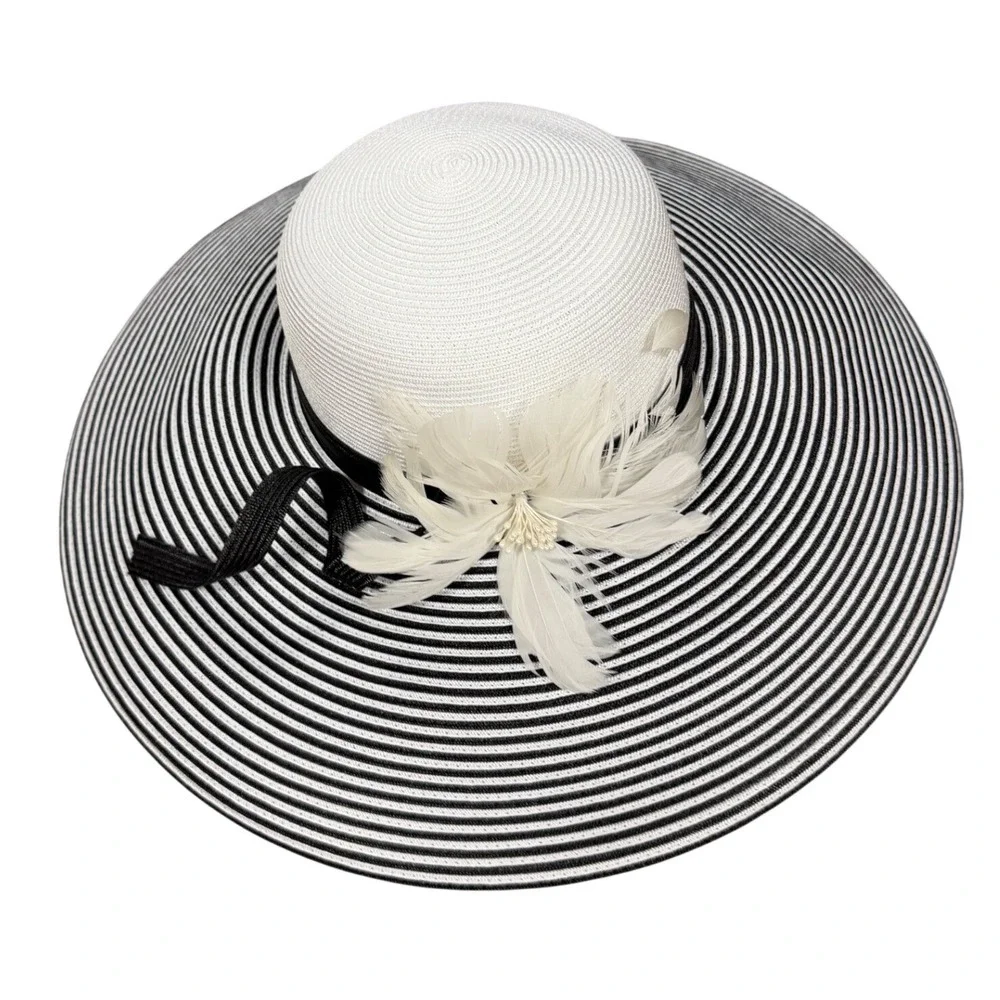 August Hat Company Extra Wide Brim Black White Striped Feather Flower NEW